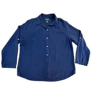 Lauren Ralph Lauren Blue Collared 3/4 Button Down Roll Tab Sleeve 100% Silk 1X